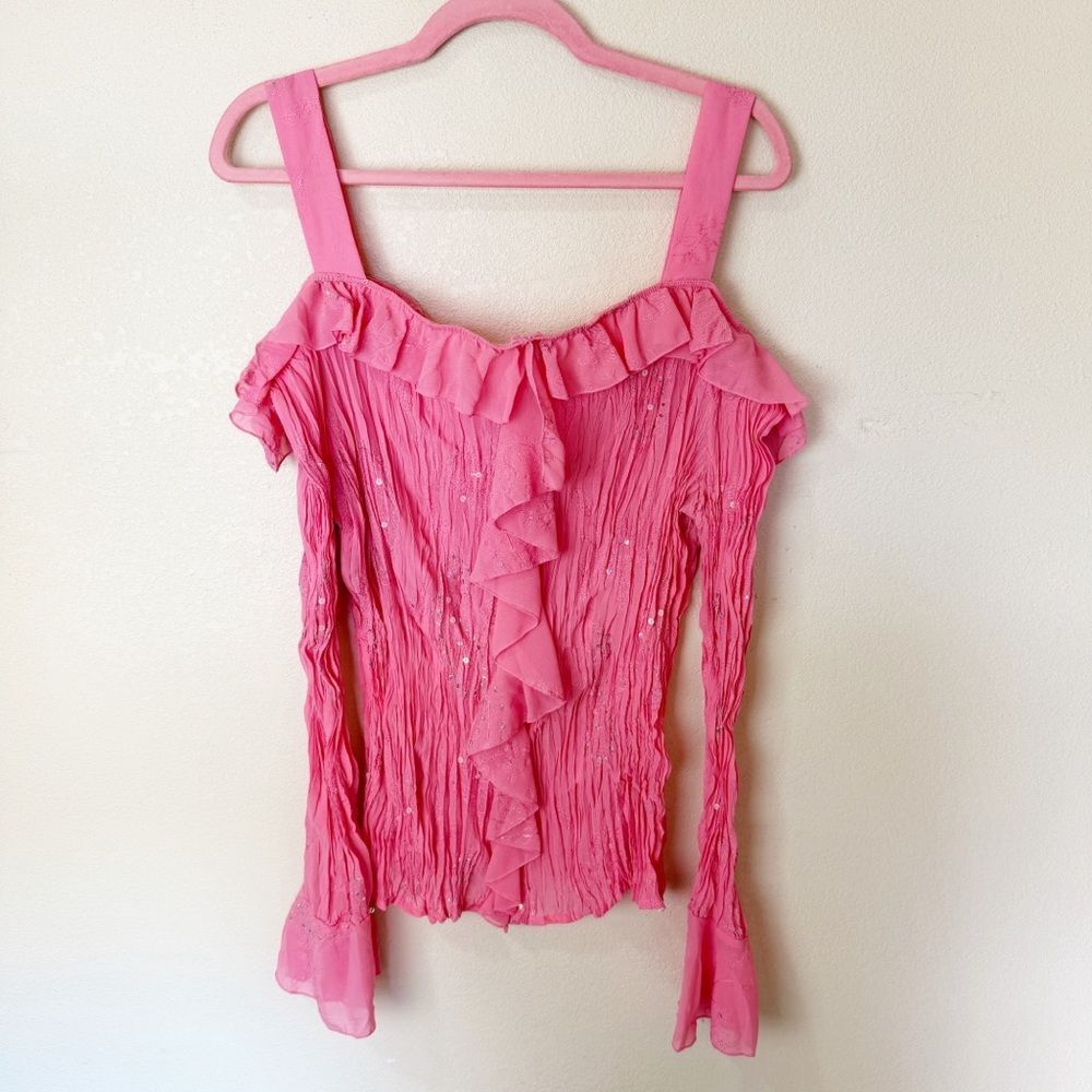 y2k fairycore Fairy Pink Sequin Ruffle Top 1X Bell Sleeve Boho Stretchy
